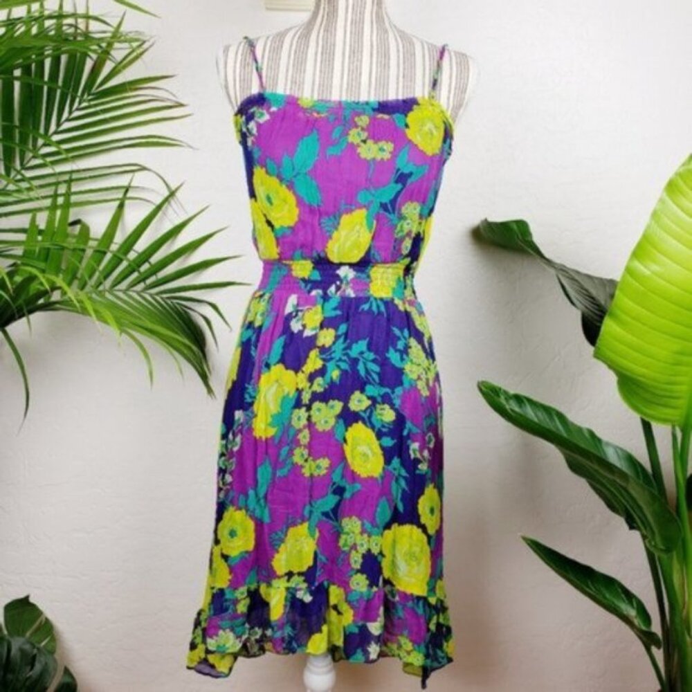 Ella Moss Anthropologie Dress Y2K 100% Silk Floral Print Strappy Chiffon sz S